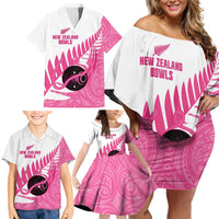 New Zealand Lawn Bowls Breast Cancer Custom Family Matching Off Shoulder Short Dress and Hawaiian Shirt Aotearoa Maori Silver Fern Pink Ribbon - Polynesian Pride