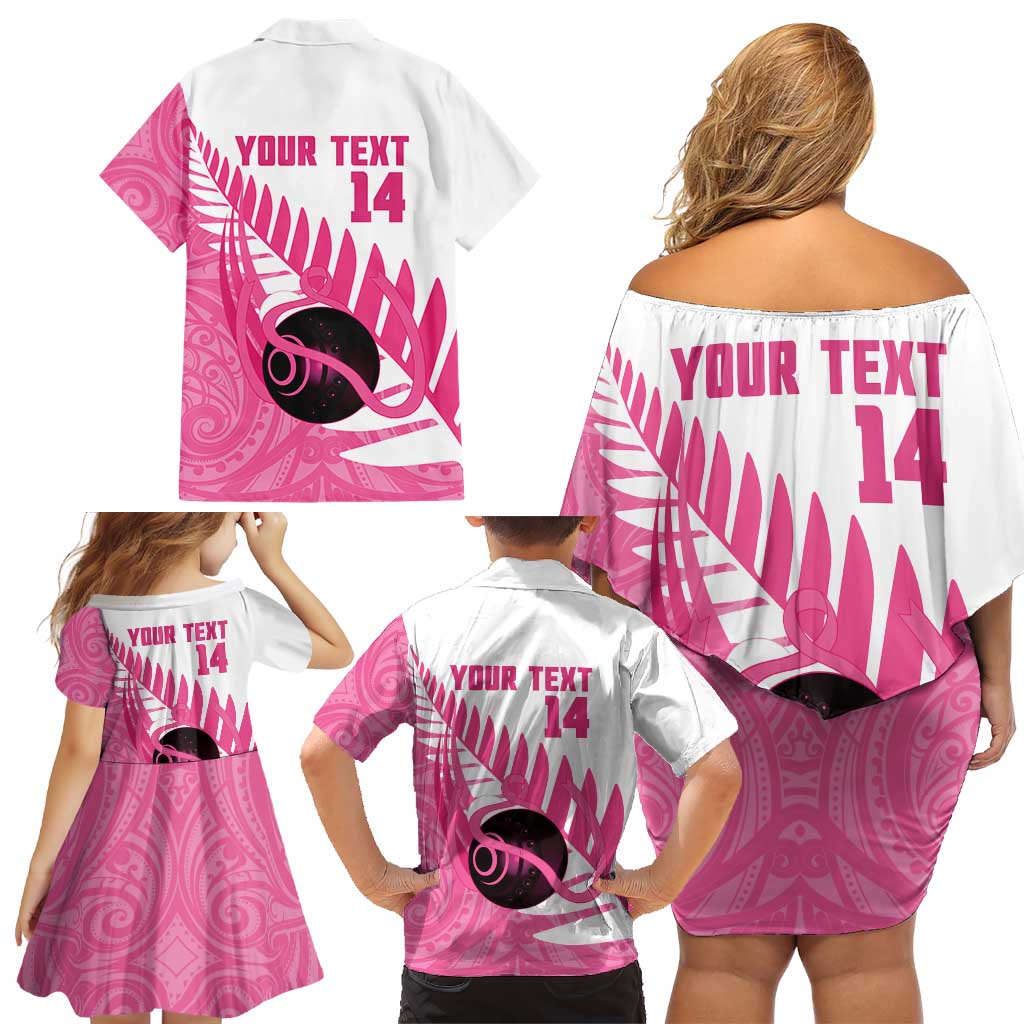 New Zealand Lawn Bowls Breast Cancer Custom Family Matching Off Shoulder Short Dress and Hawaiian Shirt Aotearoa Maori Silver Fern Pink Ribbon - Polynesian Pride