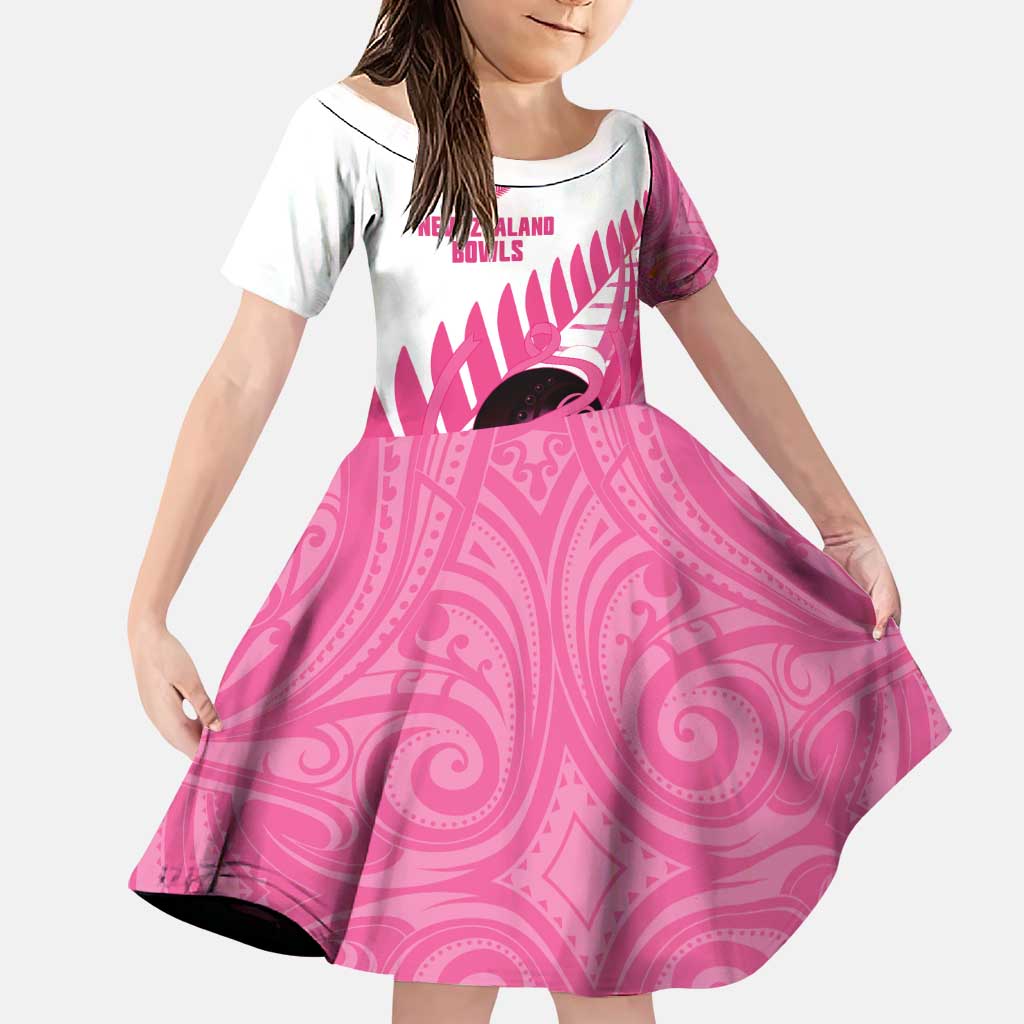 New Zealand Lawn Bowls Breast Cancer Custom Family Matching Puletasi and Hawaiian Shirt Aotearoa Maori Silver Fern Pink Ribbon LT14 Daughter's Dress Pink - Polynesian Pride