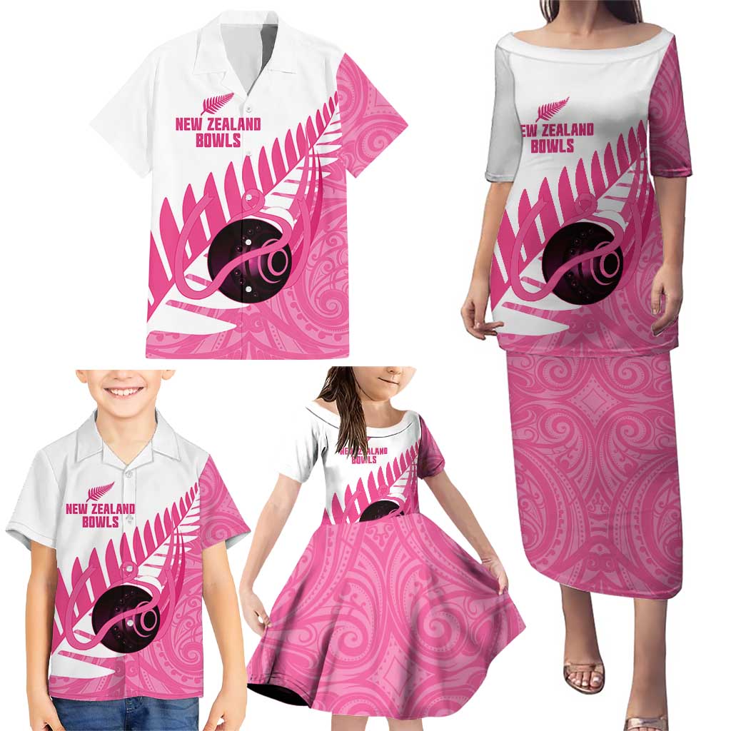 New Zealand Lawn Bowls Breast Cancer Custom Family Matching Puletasi and Hawaiian Shirt Aotearoa Maori Silver Fern Pink Ribbon LT14 - Polynesian Pride