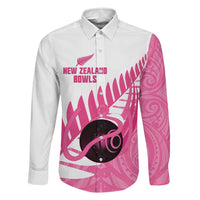 New Zealand Lawn Bowls Breast Cancer Custom Family Matching Puletasi and Hawaiian Shirt Aotearoa Maori Silver Fern Pink Ribbon LT14 Dad's Shirt - Long Sleeve Pink - Polynesian Pride