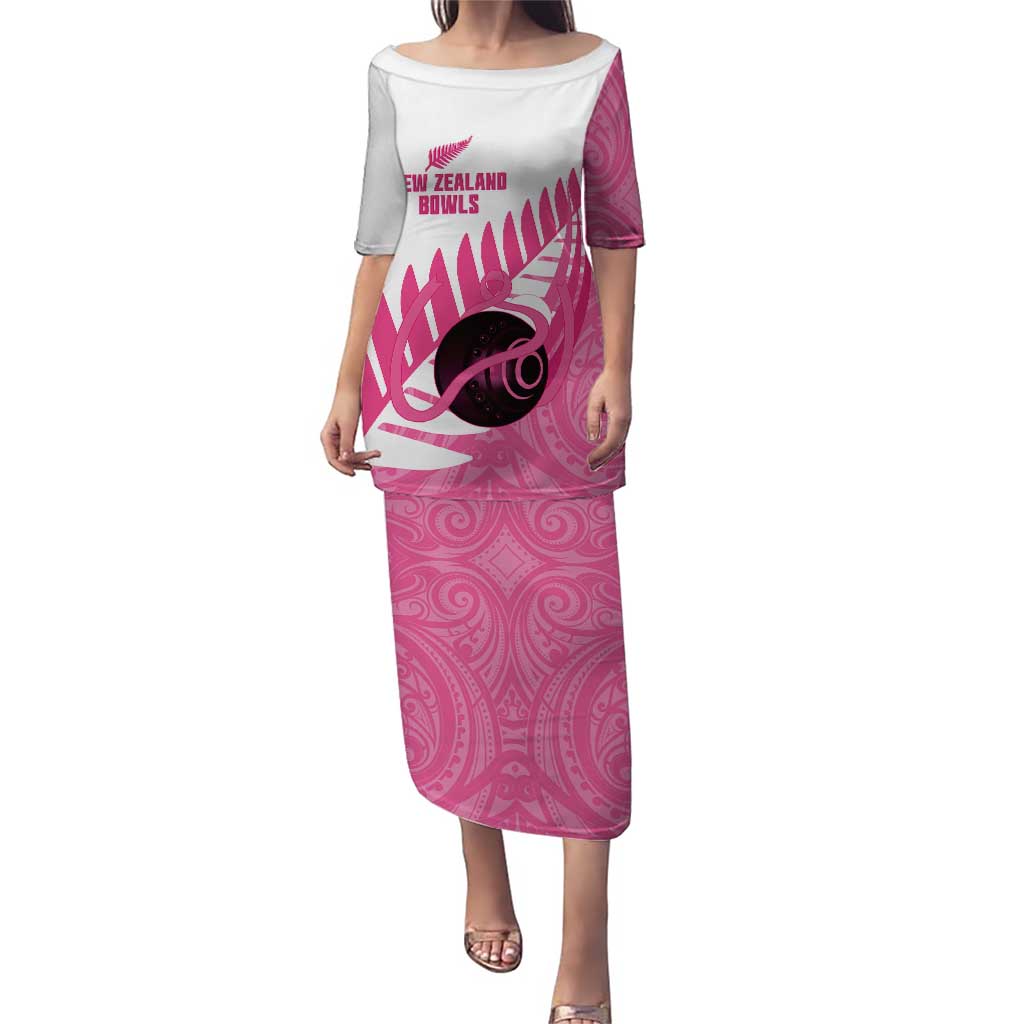 New Zealand Lawn Bowls Breast Cancer Custom Family Matching Puletasi and Hawaiian Shirt Aotearoa Maori Silver Fern Pink Ribbon LT14 Mom's Dress Pink - Polynesian Pride