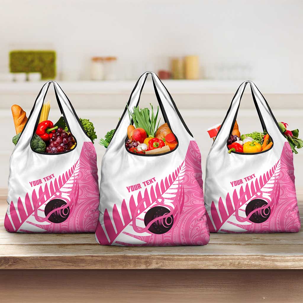 New Zealand Lawn Bowls Breast Cancer Custom Grocery Bag Aotearoa Maori Silver Fern Pink Ribbon - Polynesian Pride