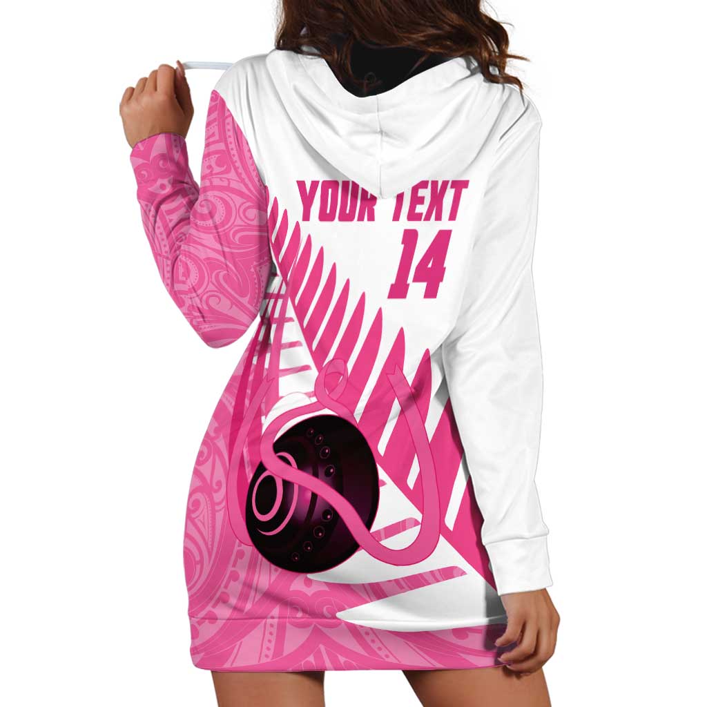 New Zealand Lawn Bowls Breast Cancer Custom Hoodie Dress Aotearoa Maori Silver Fern Pink Ribbon - Polynesian Pride