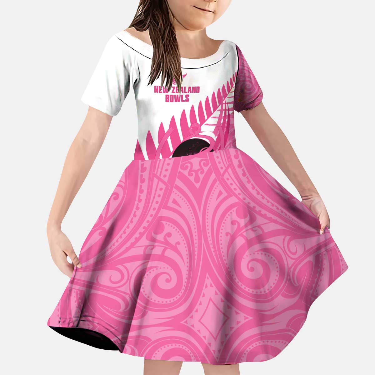 New Zealand Lawn Bowls Breast Cancer Custom Kid Short Sleeve Dress Aotearoa Maori Silver Fern Pink Ribbon - Polynesian Pride
