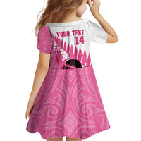 New Zealand Lawn Bowls Breast Cancer Custom Kid Short Sleeve Dress Aotearoa Maori Silver Fern Pink Ribbon - Polynesian Pride