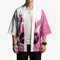 New Zealand Lawn Bowls Breast Cancer Custom Kimono Aotearoa Maori Silver Fern Pink Ribbon - Polynesian Pride