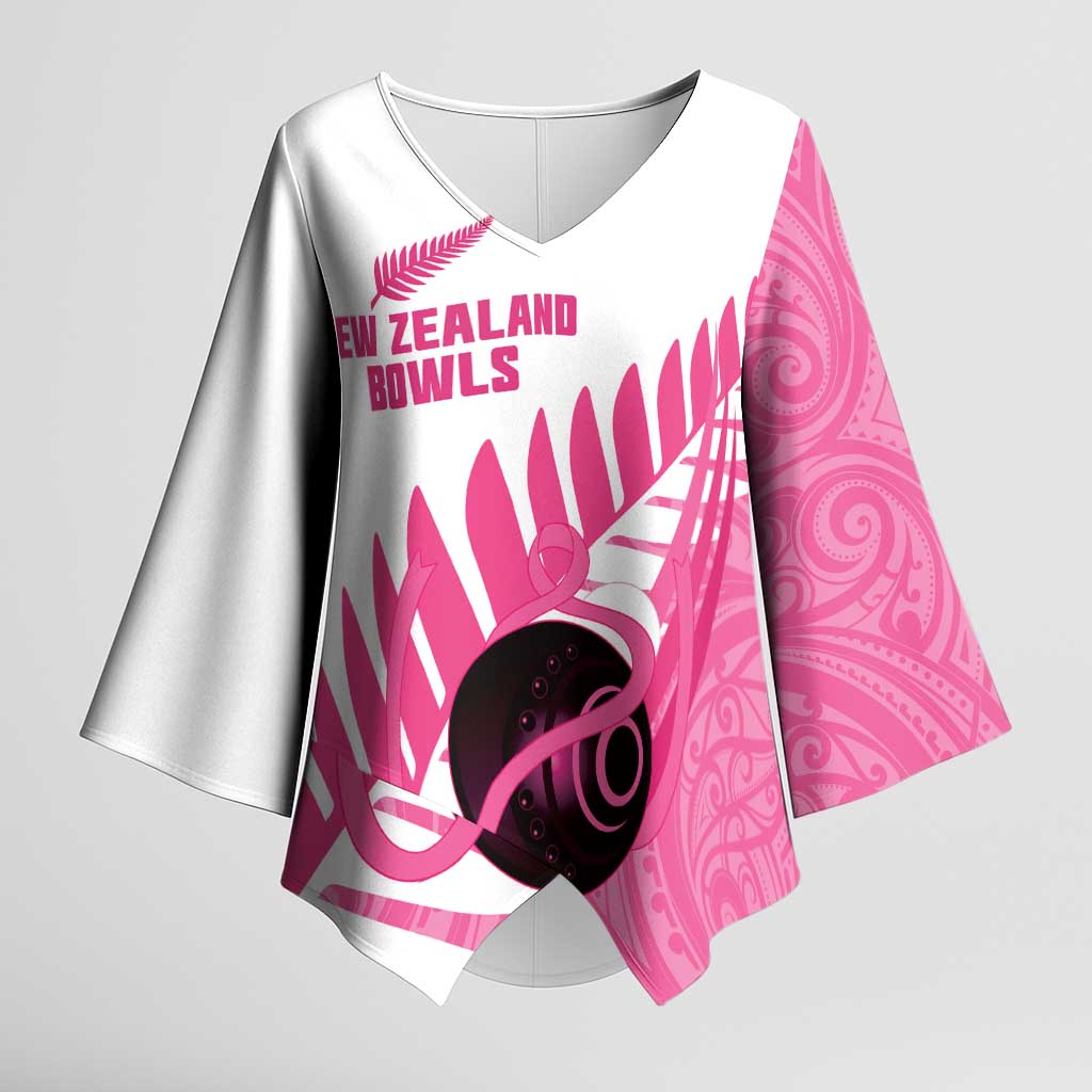 New Zealand Lawn Bowls Breast Cancer Custom Kimono Sleeve Blouse Aotearoa Maori Silver Fern Pink Ribbon - Polynesian Pride
