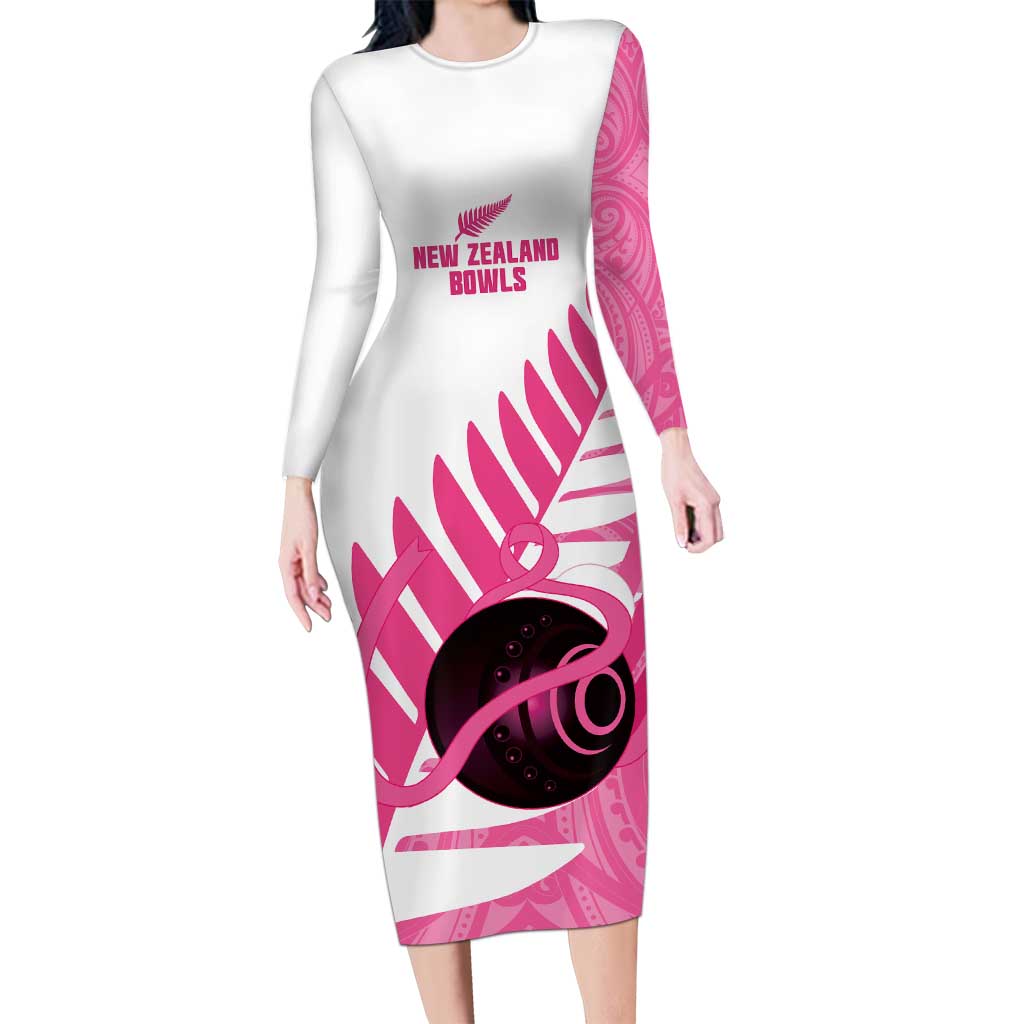 New Zealand Lawn Bowls Breast Cancer Custom Long Sleeve Bodycon Dress Aotearoa Maori Silver Fern Pink Ribbon - Polynesian Pride