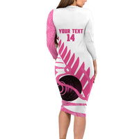 New Zealand Lawn Bowls Breast Cancer Custom Long Sleeve Bodycon Dress Aotearoa Maori Silver Fern Pink Ribbon - Polynesian Pride