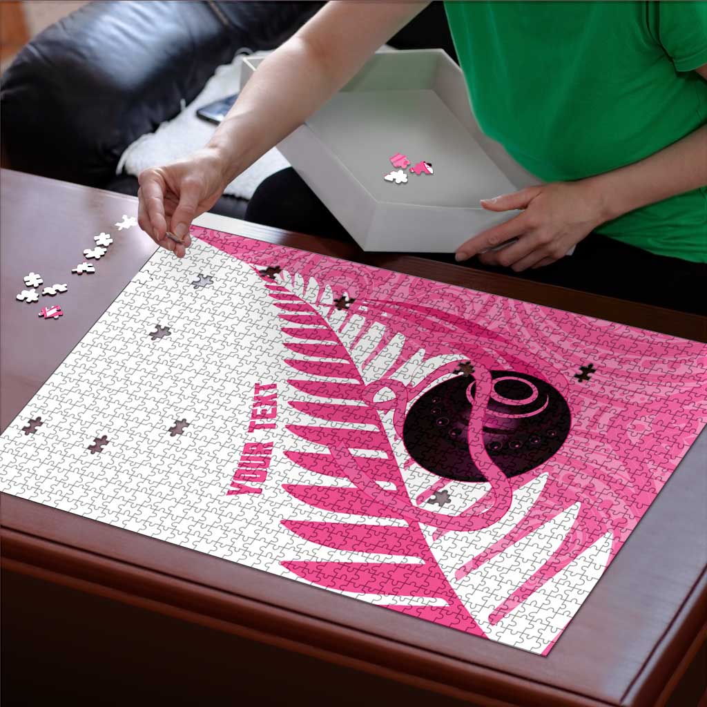 New Zealand Lawn Bowls Breast Cancer Custom Puzzle Aotearoa Maori Silver Fern Pink Ribbon - Polynesian Pride
