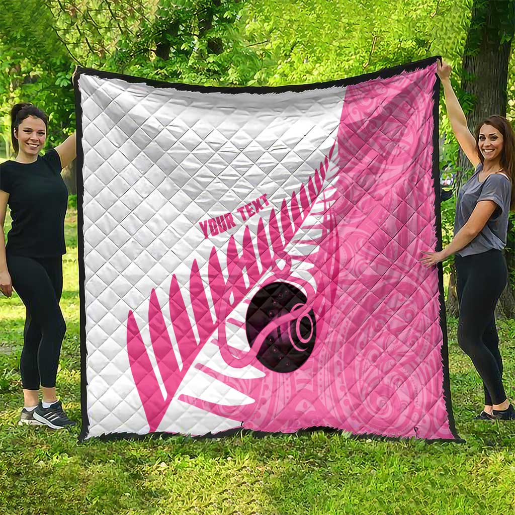 New Zealand Lawn Bowls Breast Cancer Custom Quilt Aotearoa Maori Silver Fern Pink Ribbon - Polynesian Pride