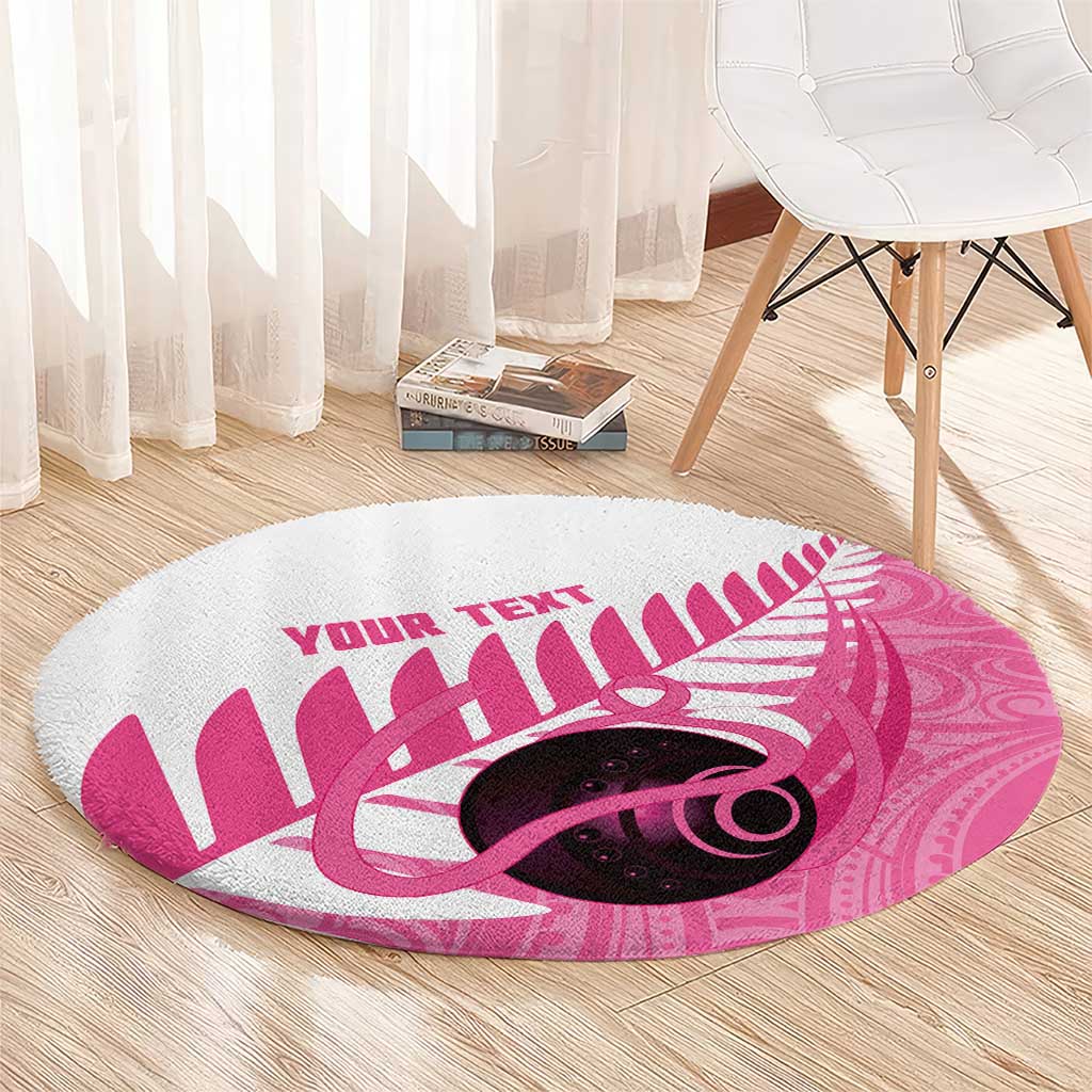 New Zealand Lawn Bowls Breast Cancer Custom Round Carpet Aotearoa Maori Silver Fern Pink Ribbon - Polynesian Pride