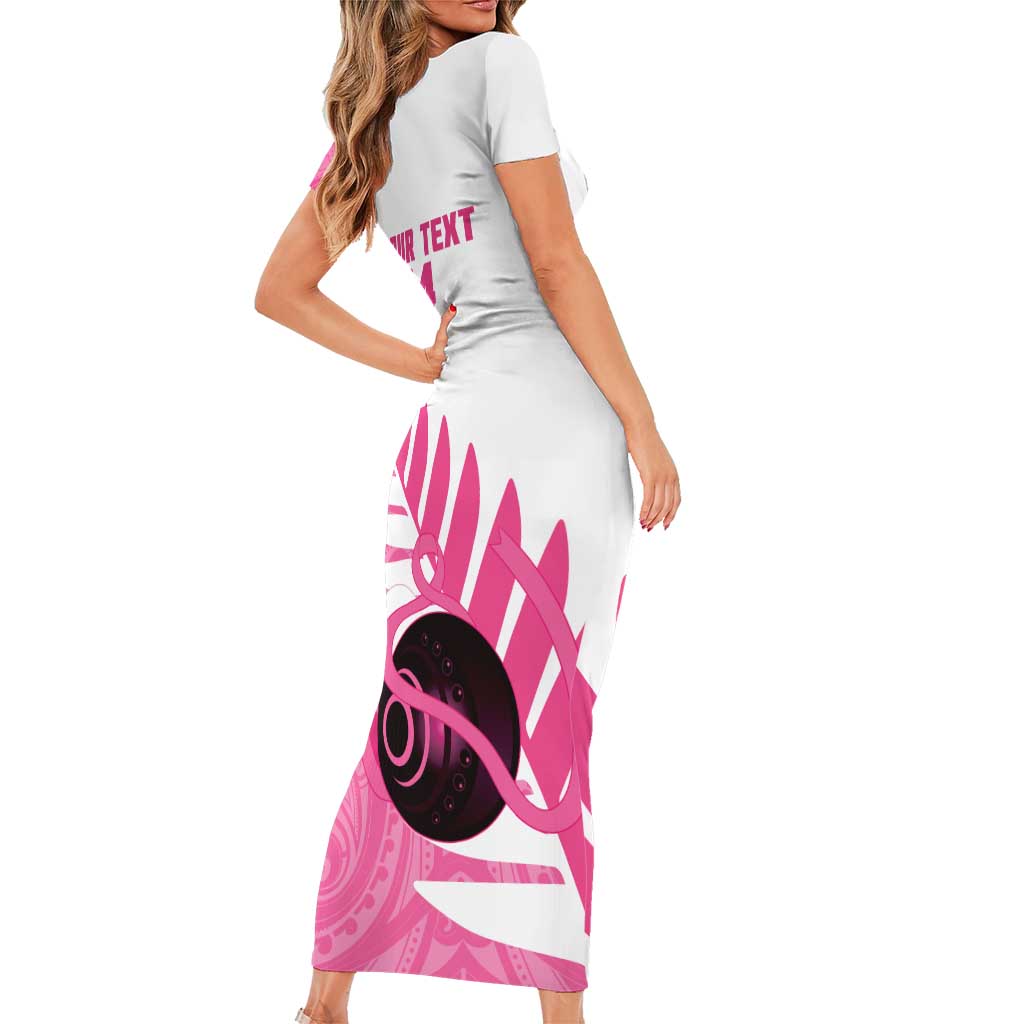 New Zealand Lawn Bowls Breast Cancer Custom Short Sleeve Bodycon Dress Aotearoa Maori Silver Fern Pink Ribbon - Polynesian Pride