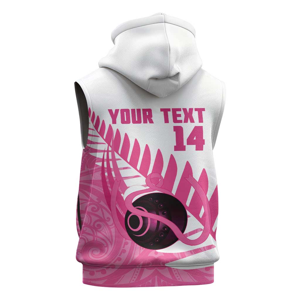 New Zealand Lawn Bowls Breast Cancer Custom Sleeveless Hoodie Aotearoa Maori Silver Fern Pink Ribbon - Polynesian Pride