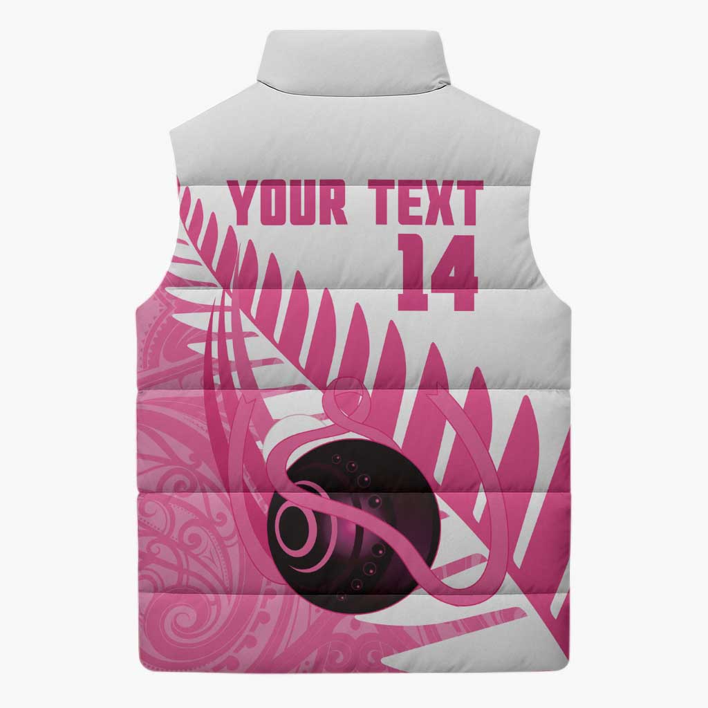 New Zealand Lawn Bowls Breast Cancer Custom Sleeveless Puffer Jacket Aotearoa Maori Silver Fern Pink Ribbon - Polynesian Pride