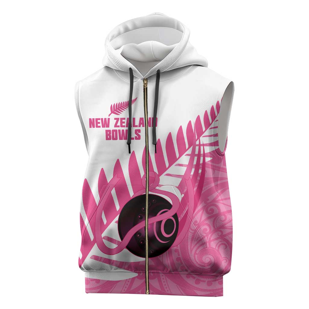 New Zealand Lawn Bowls Breast Cancer Custom Sleeveless Zip Hoodie Aotearoa Maori Silver Fern Pink Ribbon - Polynesian Pride