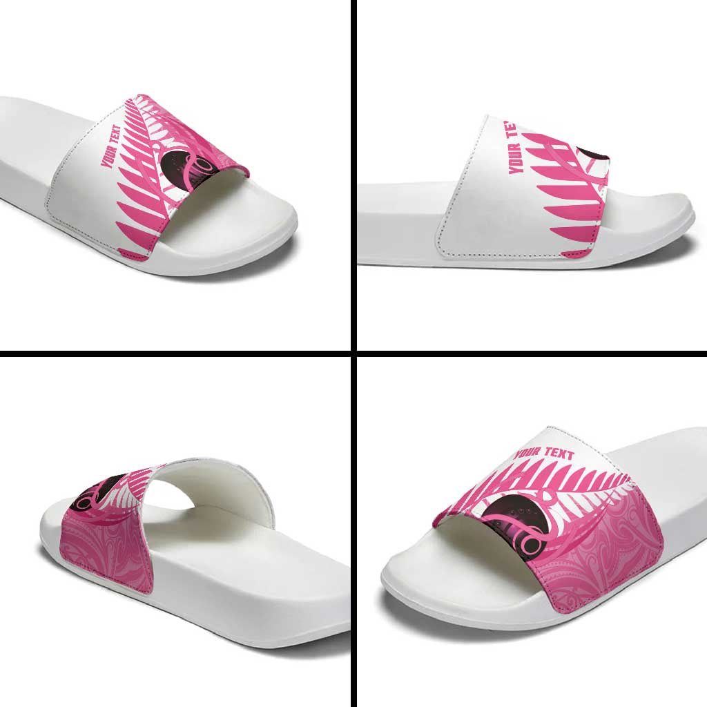 New Zealand Lawn Bowls Breast Cancer Custom Slide Sandals Aotearoa Maori Silver Fern Pink Ribbon - Polynesian Pride