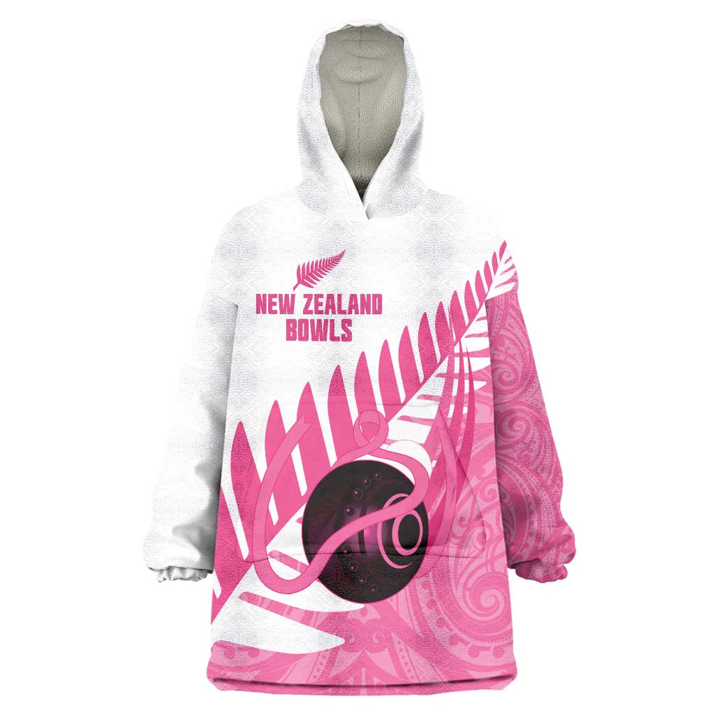 New Zealand Lawn Bowls Breast Cancer Custom Wearable Blanket Hoodie Aotearoa Maori Silver Fern Pink Ribbon - Polynesian Pride