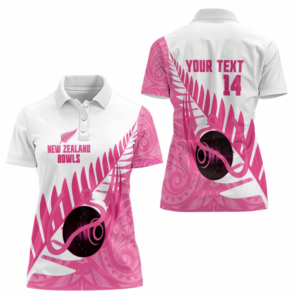 New Zealand Lawn Bowls Breast Cancer Custom Women Polo Shirt Aotearoa Maori Silver Fern Pink Ribbon - Polynesian Pride