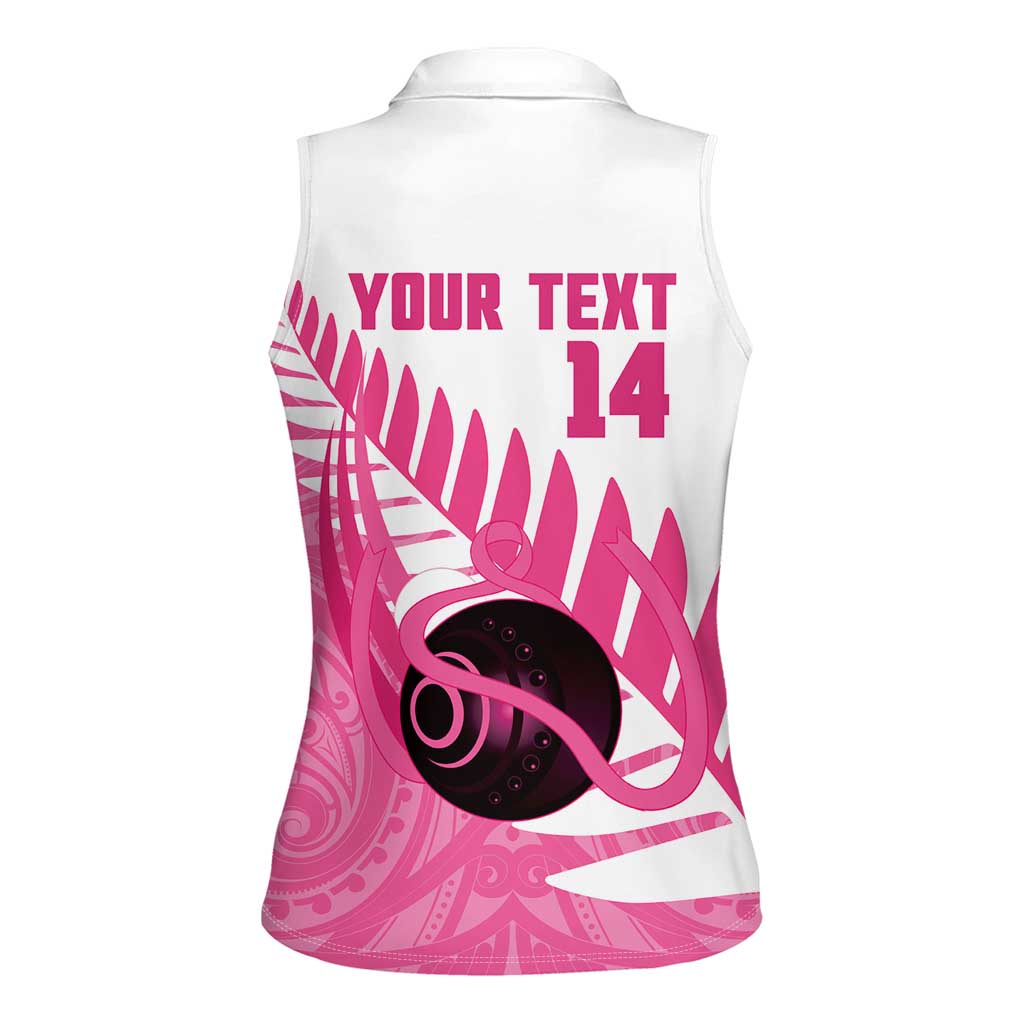 New Zealand Lawn Bowls Breast Cancer Custom Women Sleeveless Polo Shirt Aotearoa Maori Silver Fern Pink Ribbon - Polynesian Pride