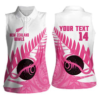 New Zealand Lawn Bowls Breast Cancer Custom Women Sleeveless Polo Shirt Aotearoa Maori Silver Fern Pink Ribbon - Polynesian Pride