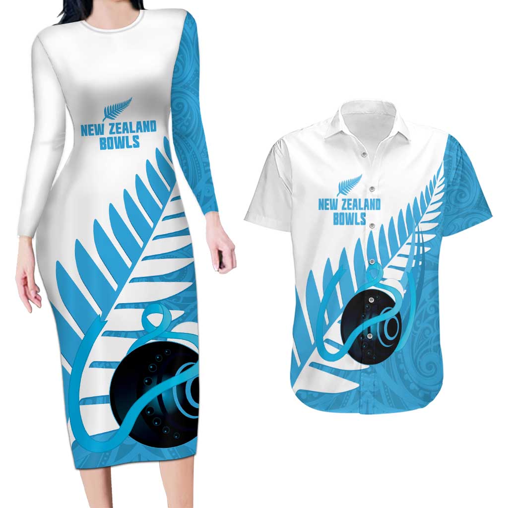 New Zealand Lawn Bowls Prostate Cancer Custom Couples Matching Long Sleeve Bodycon Dress and Hawaiian Shirt Aotearoa Maori Silver Fern Blue Ribbon - Polynesian Pride