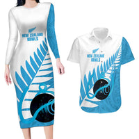 New Zealand Lawn Bowls Prostate Cancer Custom Couples Matching Long Sleeve Bodycon Dress and Hawaiian Shirt Aotearoa Maori Silver Fern Blue Ribbon - Polynesian Pride