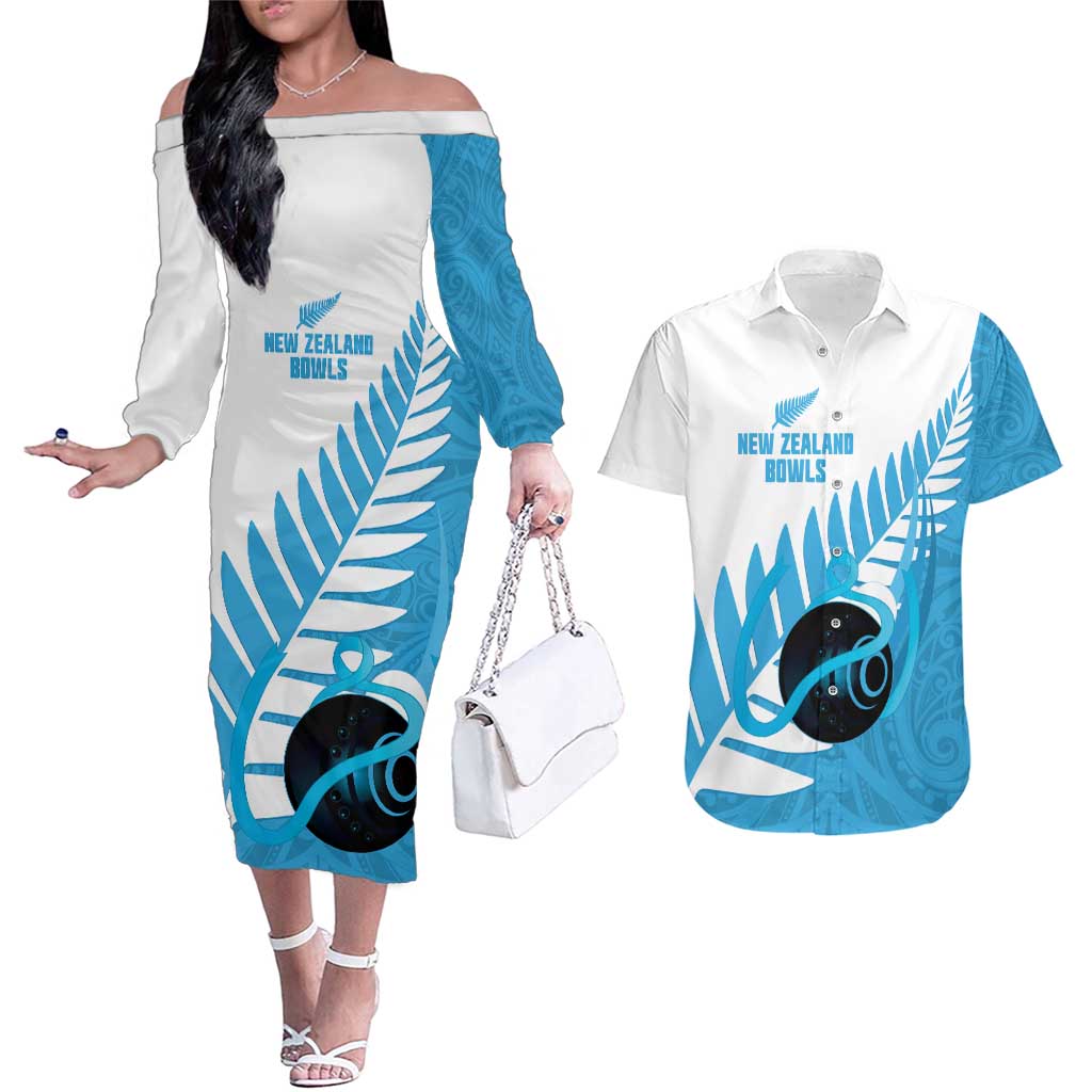 New Zealand Lawn Bowls Prostate Cancer Custom Couples Matching Off The Shoulder Long Sleeve Dress and Hawaiian Shirt Aotearoa Maori Silver Fern Blue Ribbon - Polynesian Pride
