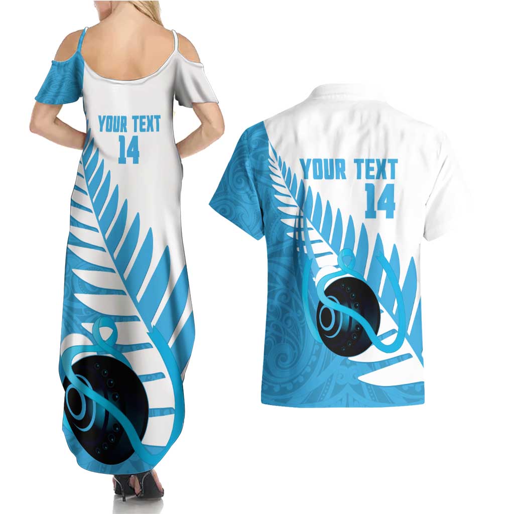 New Zealand Lawn Bowls Prostate Cancer Custom Couples Matching Summer Maxi Dress and Hawaiian Shirt Aotearoa Maori Silver Fern Blue Ribbon - Polynesian Pride