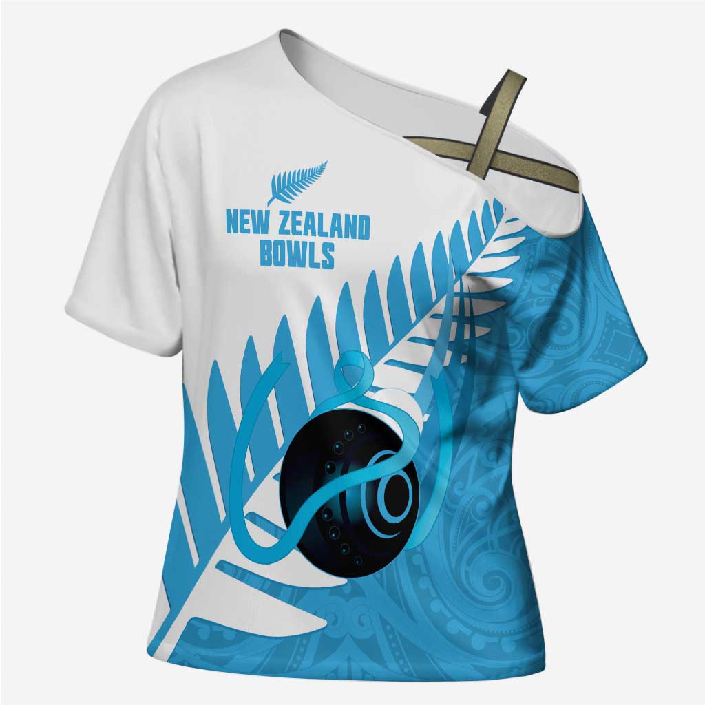 New Zealand Lawn Bowls Prostate Cancer Custom Cross Shoulder Shirt Aotearoa Maori Silver Fern Blue Ribbon - Polynesian Pride