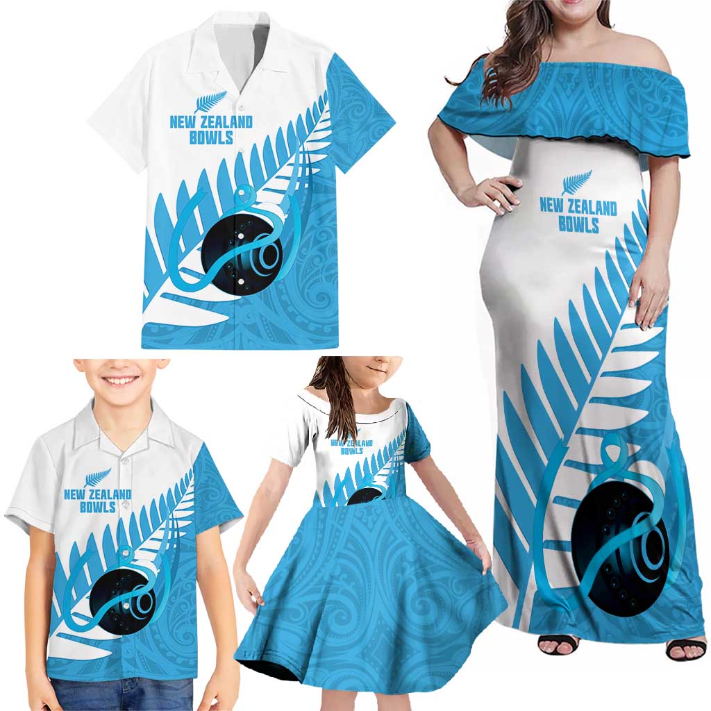 New Zealand Lawn Bowls Prostate Cancer Custom Family Matching Off Shoulder Maxi Dress and Hawaiian Shirt Aotearoa Maori Silver Fern Blue Ribbon - Polynesian Pride