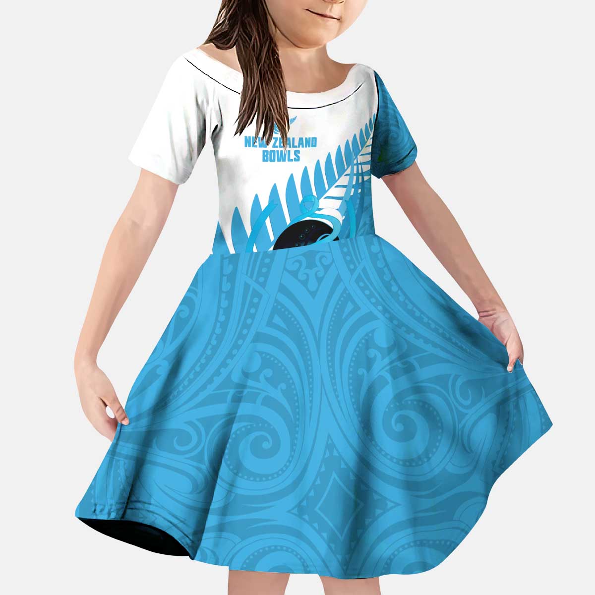 New Zealand Lawn Bowls Prostate Cancer Custom Kid Short Sleeve Dress Aotearoa Maori Silver Fern Blue Ribbon - Polynesian Pride