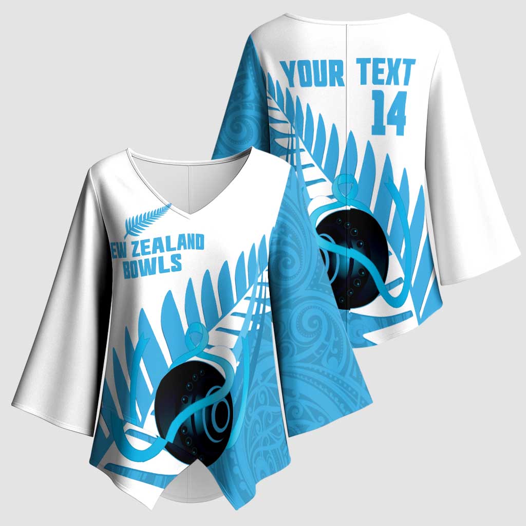 New Zealand Lawn Bowls Prostate Cancer Custom Kimono Sleeve Blouse Aotearoa Maori Silver Fern Blue Ribbon - Polynesian Pride