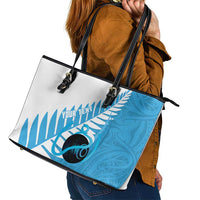 New Zealand Lawn Bowls Prostate Cancer Custom Leather Tote Bag Aotearoa Maori Silver Fern Blue Ribbon - Polynesian Pride