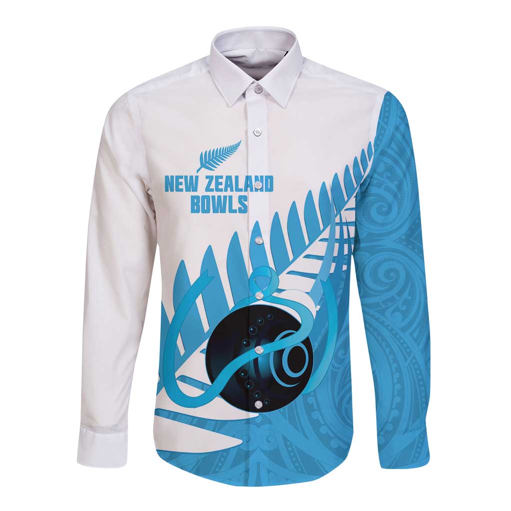 New Zealand Lawn Bowls Prostate Cancer Custom Long Sleeve Button Shirt Aotearoa Maori Silver Fern Blue Ribbon - Polynesian Pride
