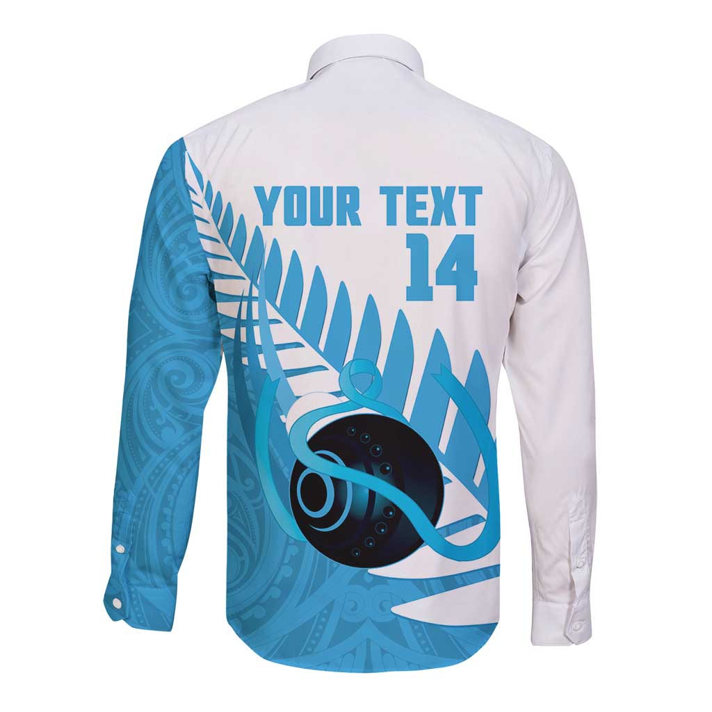 New Zealand Lawn Bowls Prostate Cancer Custom Long Sleeve Button Shirt Aotearoa Maori Silver Fern Blue Ribbon - Polynesian Pride
