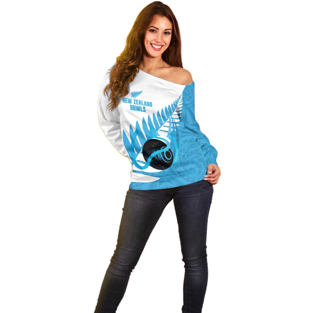 New Zealand Lawn Bowls Prostate Cancer Custom Off Shoulder Sweater Aotearoa Maori Silver Fern Blue Ribbon - Polynesian Pride