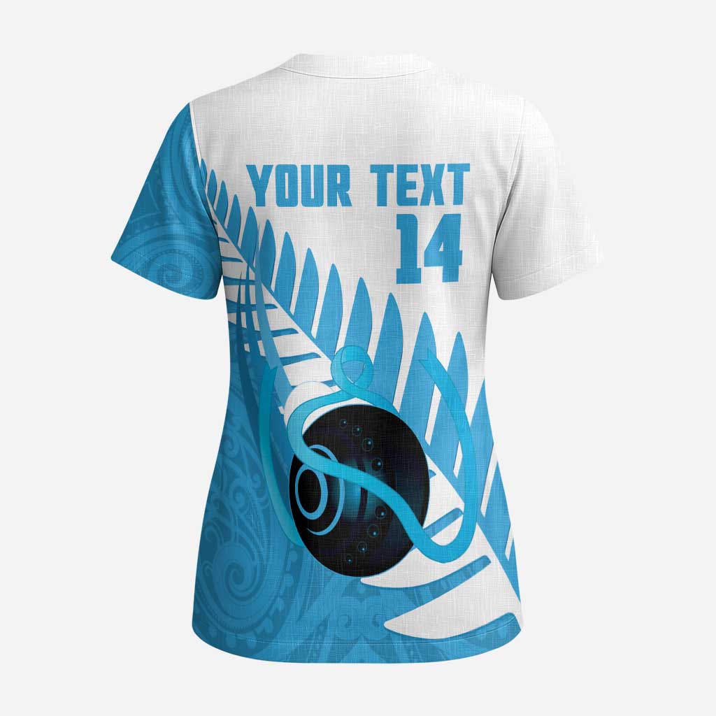 New Zealand Lawn Bowls Prostate Cancer Custom Scrub Top Aotearoa Maori Silver Fern Blue Ribbon - Polynesian Pride