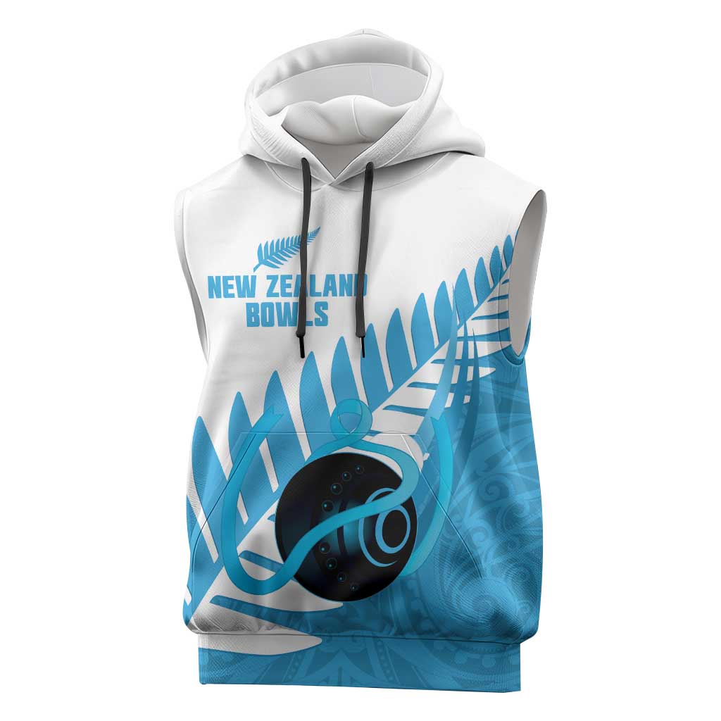 New Zealand Lawn Bowls Prostate Cancer Custom Sleeveless Hoodie Aotearoa Maori Silver Fern Blue Ribbon - Polynesian Pride