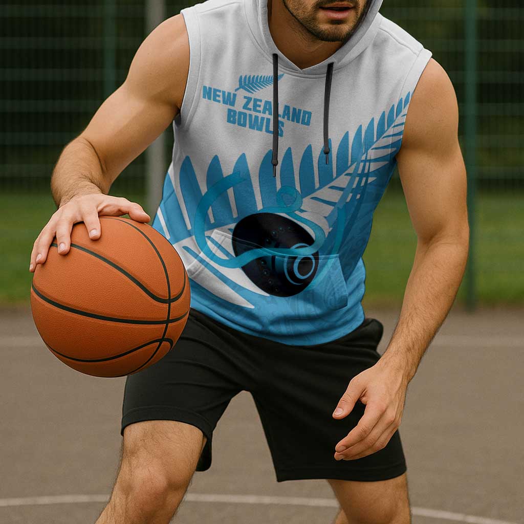 New Zealand Lawn Bowls Prostate Cancer Custom Sleeveless Hoodie Aotearoa Maori Silver Fern Blue Ribbon - Polynesian Pride