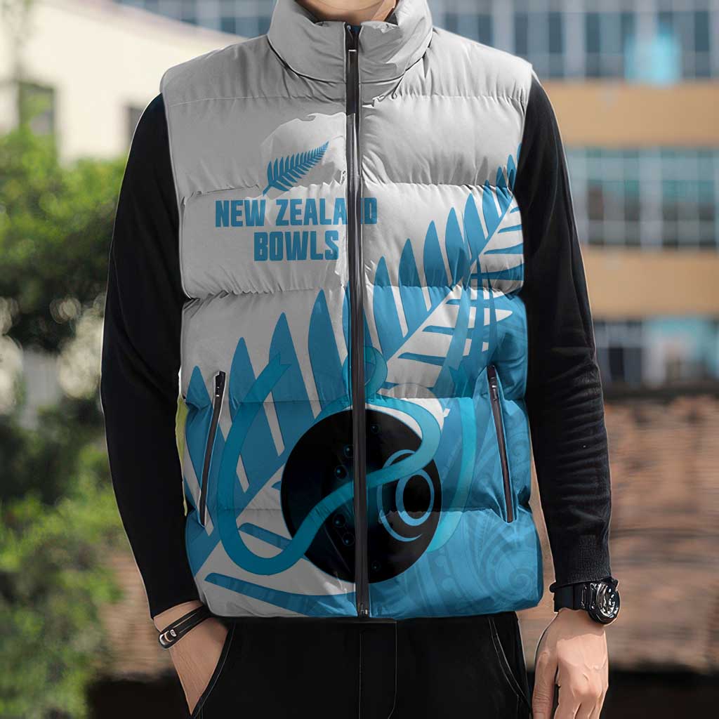 New Zealand Lawn Bowls Prostate Cancer Custom Sleeveless Puffer Jacket Aotearoa Maori Silver Fern Blue Ribbon - Polynesian Pride