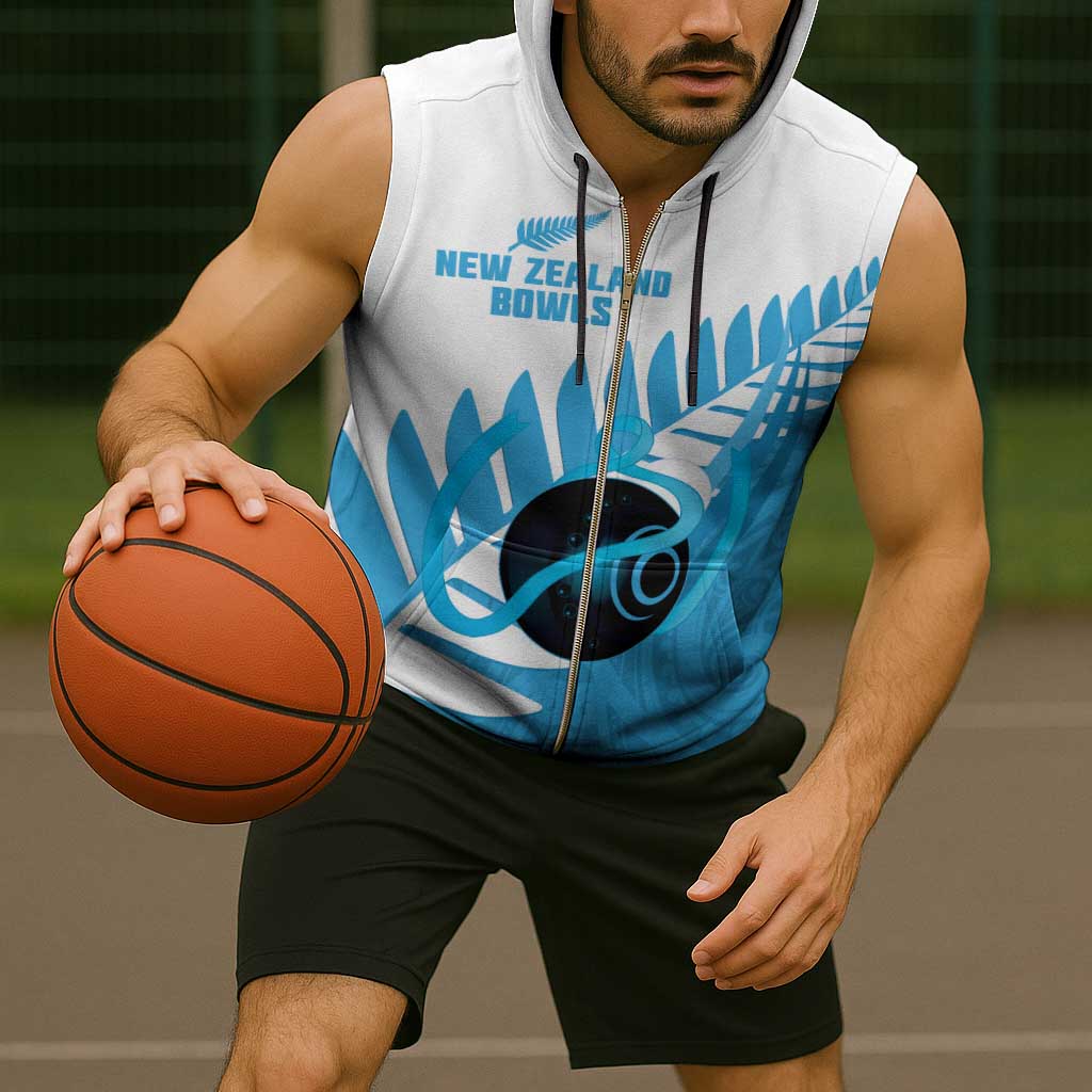New Zealand Lawn Bowls Prostate Cancer Custom Sleeveless Zip Hoodie Aotearoa Maori Silver Fern Blue Ribbon - Polynesian Pride