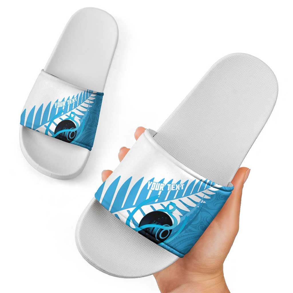 New Zealand Lawn Bowls Prostate Cancer Custom Slide Sandals Aotearoa Maori Silver Fern Blue Ribbon - Polynesian Pride