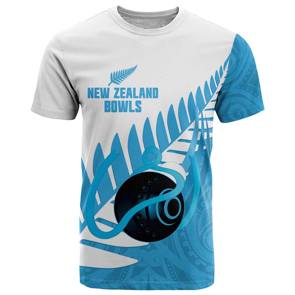 New Zealand Lawn Bowls Prostate Cancer Custom T Shirt Aotearoa Maori Silver Fern Blue Ribbon - Polynesian Pride