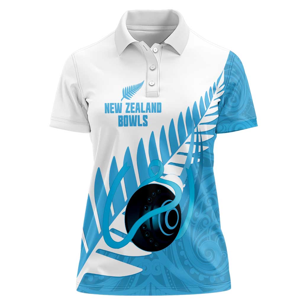 New Zealand Lawn Bowls Prostate Cancer Custom Women Polo Shirt Aotearoa Maori Silver Fern Blue Ribbon - Polynesian Pride