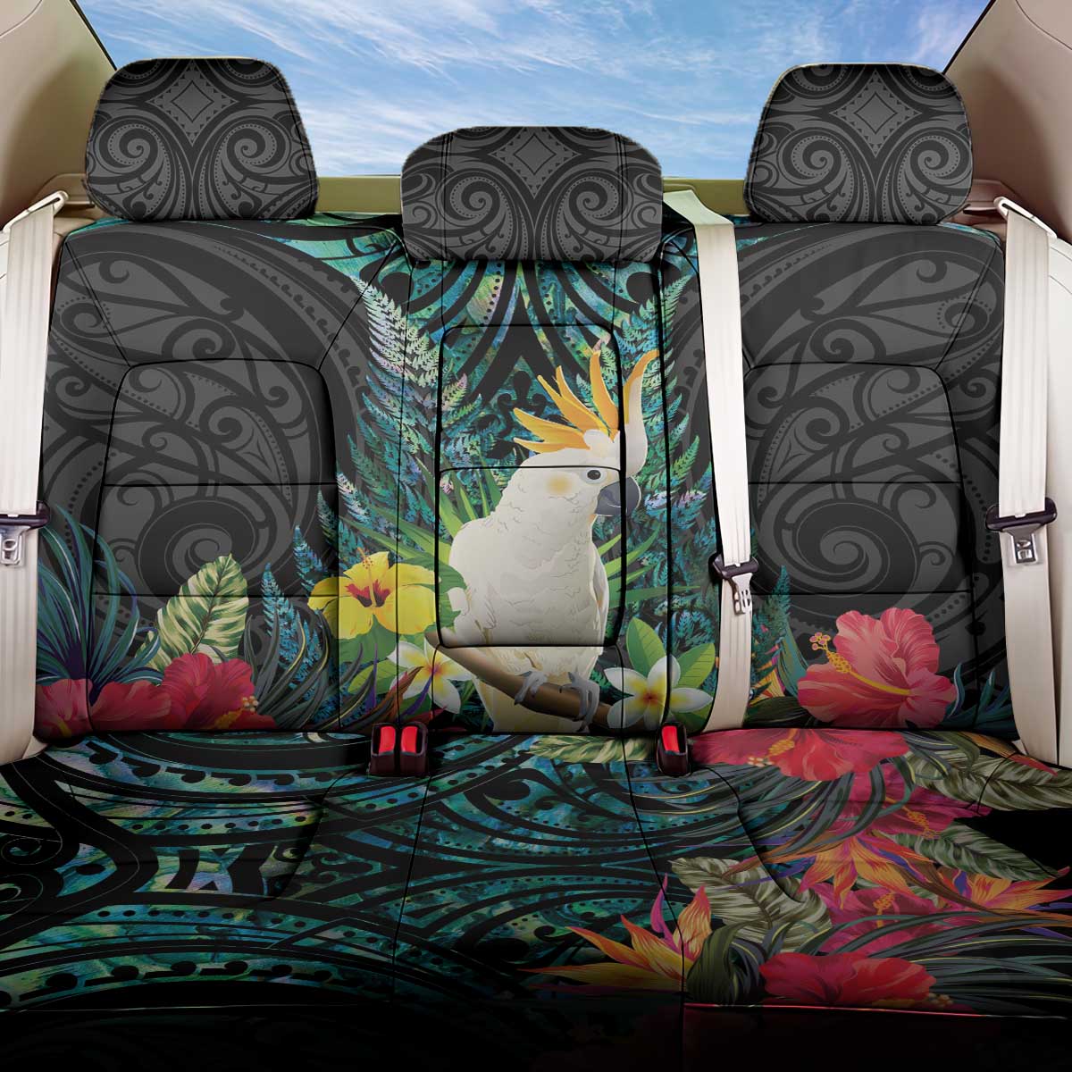 Sulphur-crested Cockatoo New Zealand Back Car Seat Cover Paua Shell Aotearoa Maori Tropical Flowers - Polynesian Pride