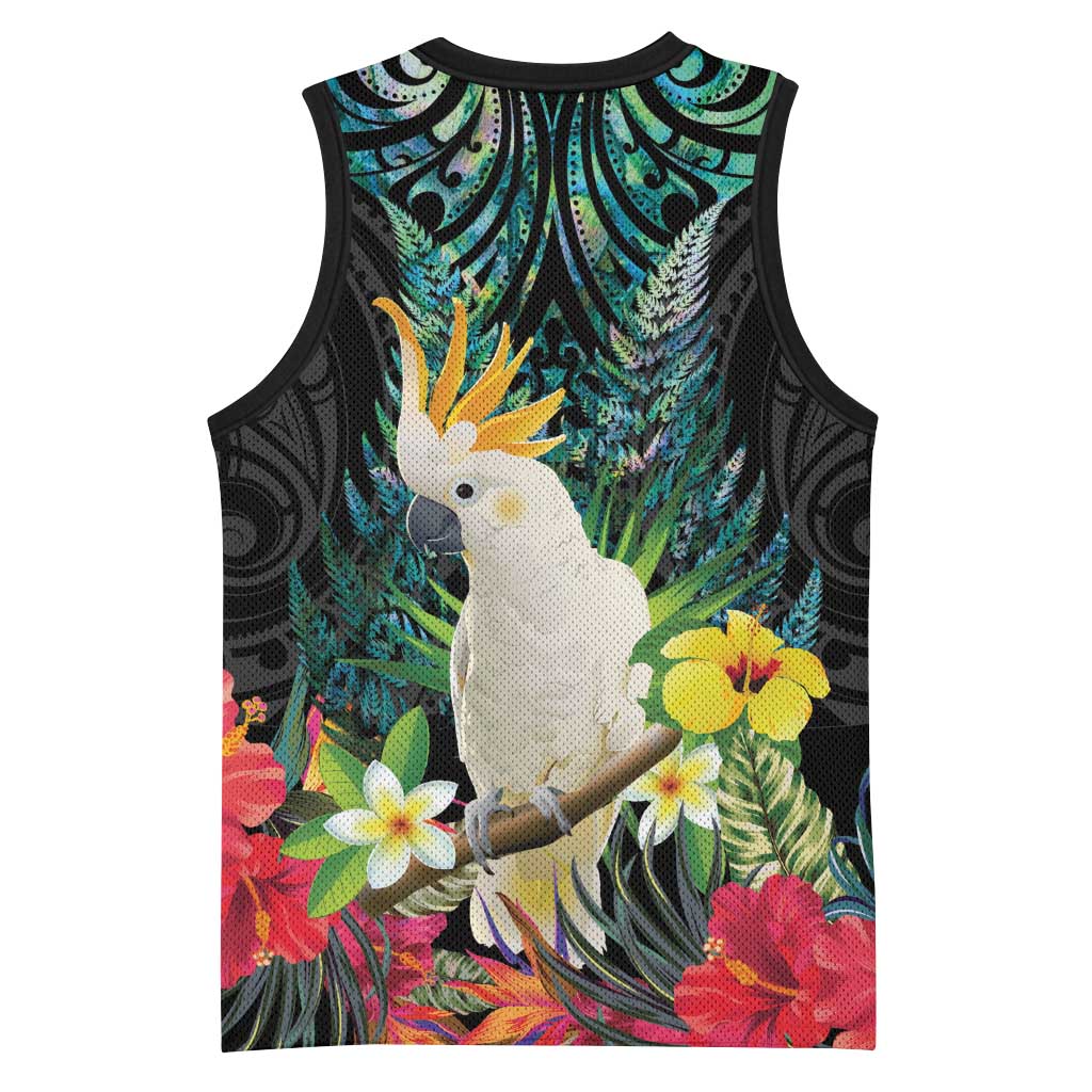Sulphur-crested Cockatoo New Zealand Basketball Jersey Paua Shell Aotearoa Maori Tropical Flowers - Polynesian Pride