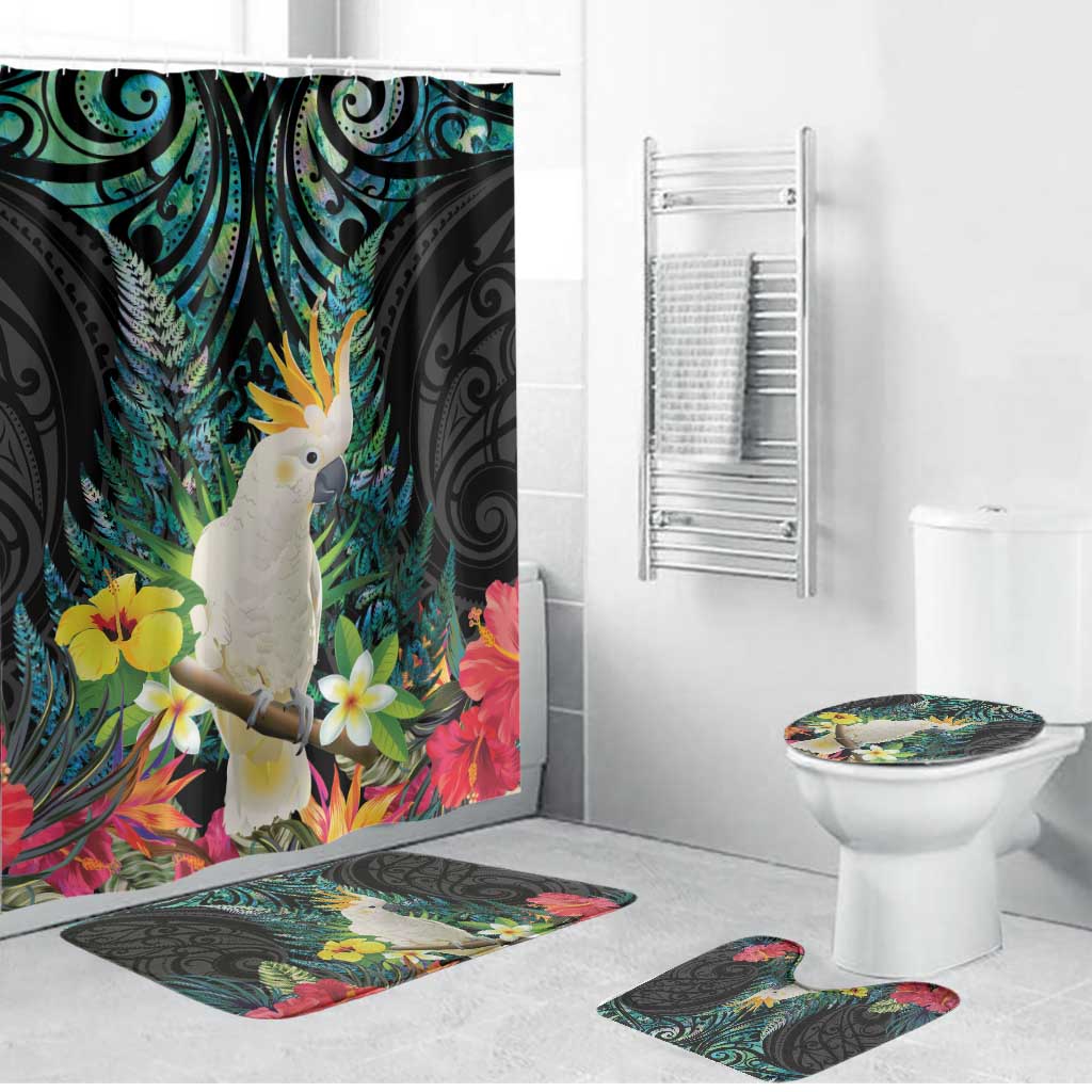 Sulphur-crested Cockatoo New Zealand Bathroom Set Paua Shell Aotearoa Maori Tropical Flowers - Polynesian Pride