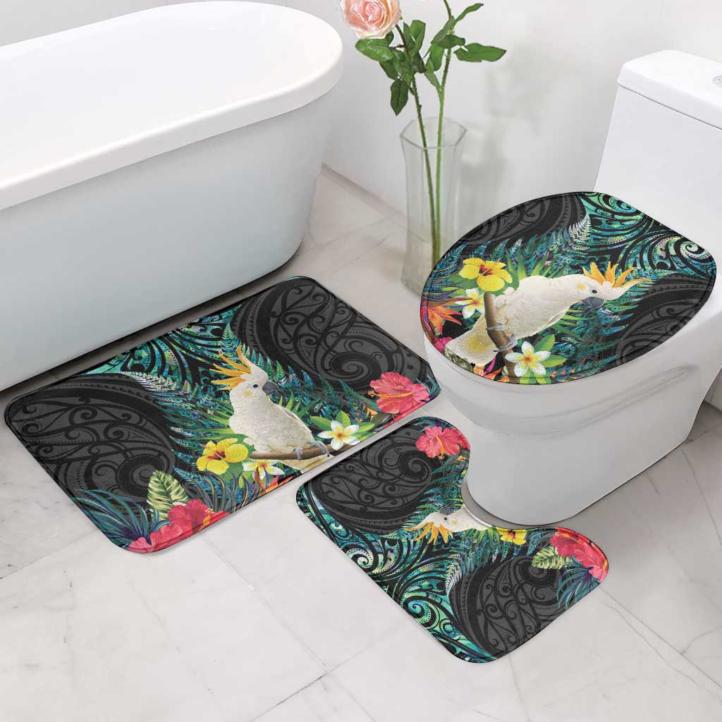 Sulphur-crested Cockatoo New Zealand Bathroom Set Paua Shell Aotearoa Maori Tropical Flowers - Polynesian Pride